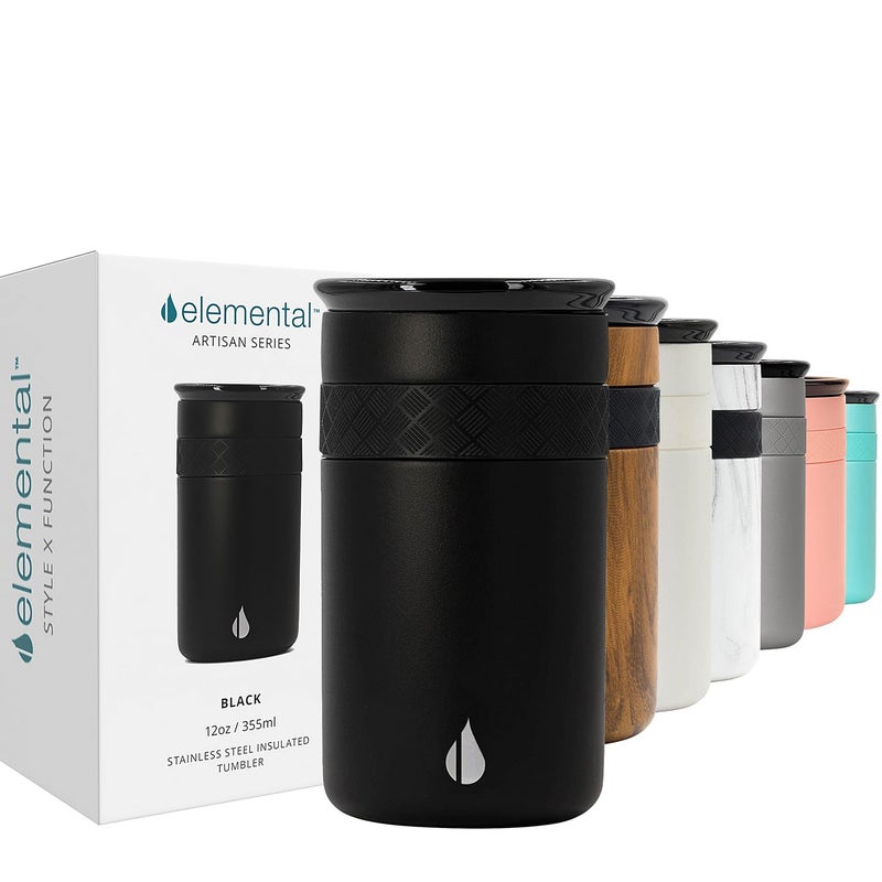 Elemental Artisan Insulated Tumbler, Triple Wall Coffee Travel Mug, Reusable Stainless Steel Coffee Tumbler with Ceramic Lid, Thermal Coffee Cups for Hot (6 Hrs) & Cold (18 Hrs), 12oz - Black - Image 1
